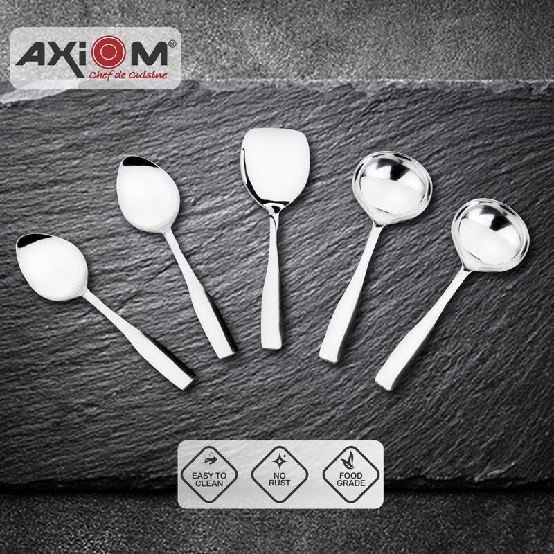 Axiom Axiom Serving Spoons Stainless Steel 5 Piece Heavy Gauge Non-Stick Set of 2 Soup Ladle (Karchi), 2 Solid Spoon (Chamcha) and 1 Rice Spoon for Serving Soup/Curry/Dal/Rice/Pasta - 27 Cm - Image 3