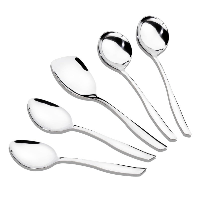 Axiom Axiom Serving Spoons Stainless Steel 5 Piece Heavy Gauge Non-Stick Set of 2 Soup Ladle (Karchi), 2 Solid Spoon (Chamcha) and 1 Rice Spoon for Serving Soup/Curry/Dal/Rice/Pasta - 27 Cm - Image 1