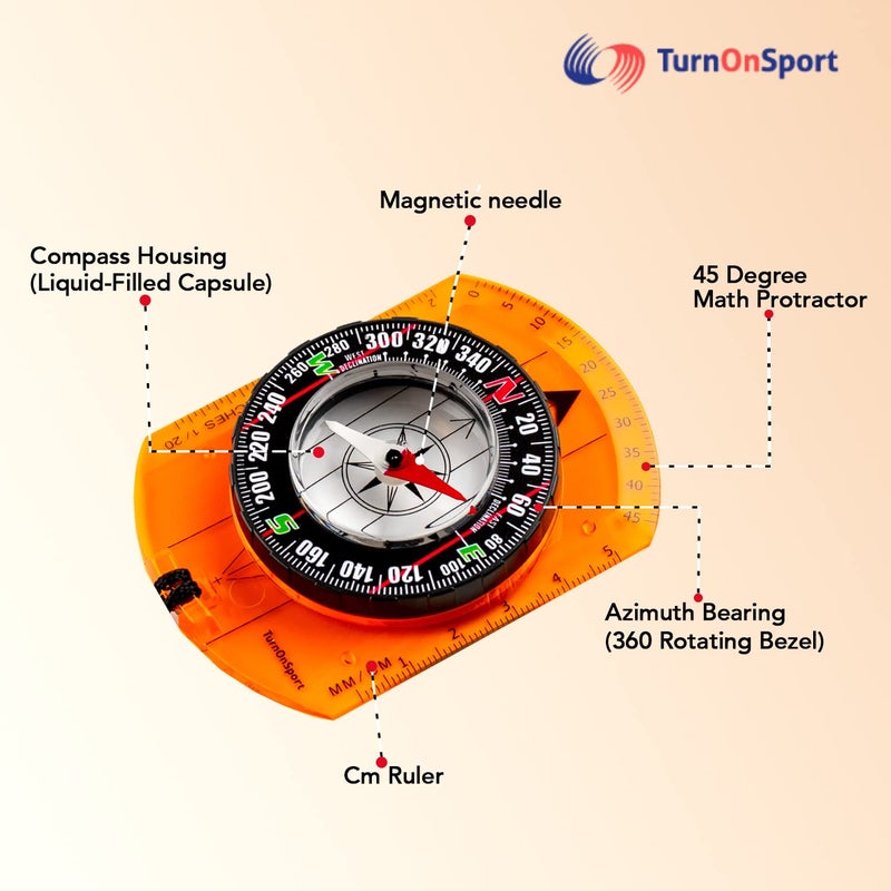 TurnOnSport Orienteering Compass - Hiking Backpacking Compass - Advanced Scout Compass Camping and Navigation - Boy Scout Compass Kids - Childrens Compasses for Map Reading - Baseplate Compass Survival (Orange) - Image 2