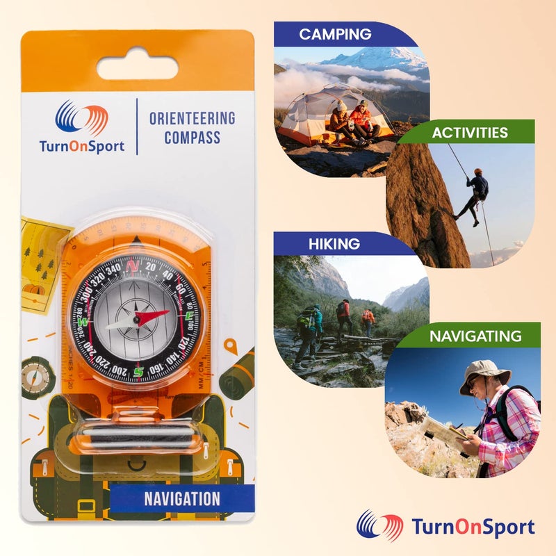 TurnOnSport Orienteering Compass - Hiking Backpacking Compass - Advanced Scout Compass Camping and Navigation - Boy Scout Compass Kids - Childrens Compasses for Map Reading - Baseplate Compass Survival (Orange) - Image 4