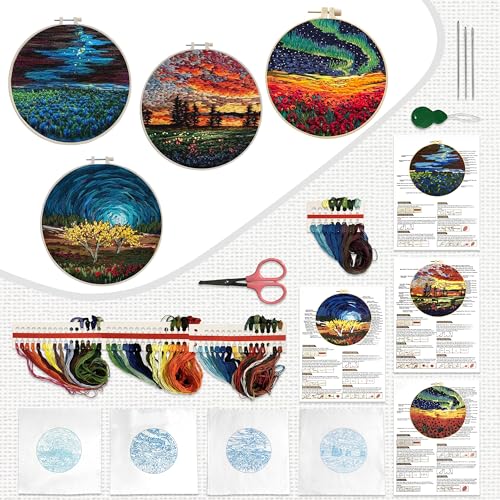 Maydear 4 Pack Embroidery Starter Kit with Pattern, Stamped Cross Stitch Kits for Beginners Adults with Embroidery Hoop and Instructions, Hand Embroidery Kit (Embroidery kit flower2) - Image 3