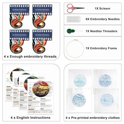 Maydear 4 Pack Embroidery Starter Kit with Pattern, Stamped Cross Stitch Kits for Beginners Adults with Embroidery Hoop and Instructions, Hand Embroidery Kit (Embroidery kit flower2) - Image 2