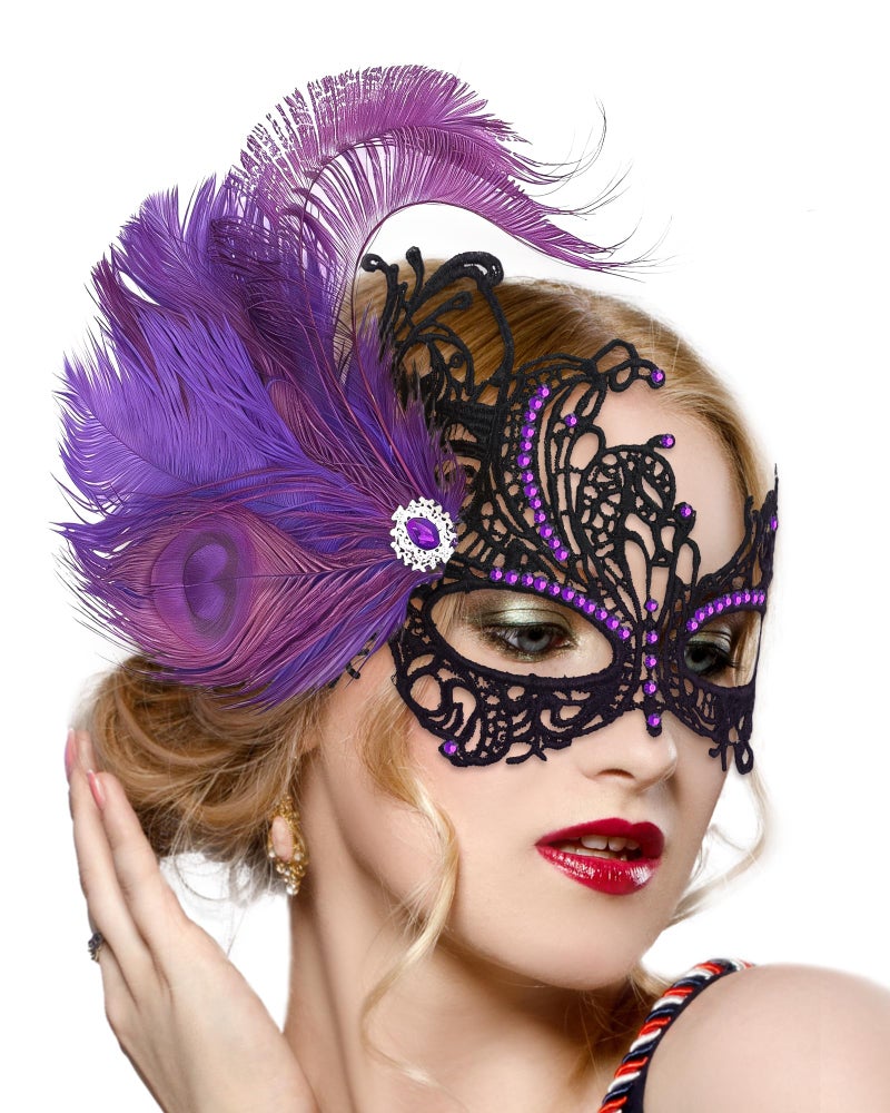 Zinniday Feather Purple Masquerade Mask - Halloween Lace Eyemask with Removable Peacock Feathers, 1920s 50s Venetian Party Masks for Women Lady Couples Renaissance Cosplay Prom Dress Up - Image 1
