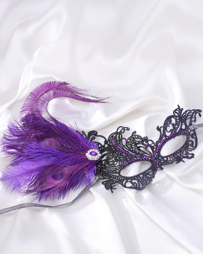 Zinniday Feather Purple Masquerade Mask - Halloween Lace Eyemask with Removable Peacock Feathers, 1920s 50s Venetian Party Masks for Women Lady Couples Renaissance Cosplay Prom Dress Up - Image 3