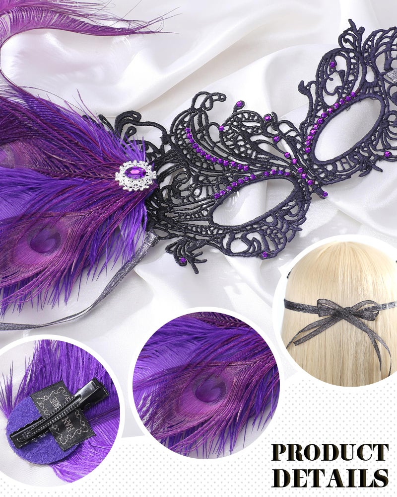 Zinniday Feather Purple Masquerade Mask - Halloween Lace Eyemask with Removable Peacock Feathers, 1920s 50s Venetian Party Masks for Women Lady Couples Renaissance Cosplay Prom Dress Up - Image 4