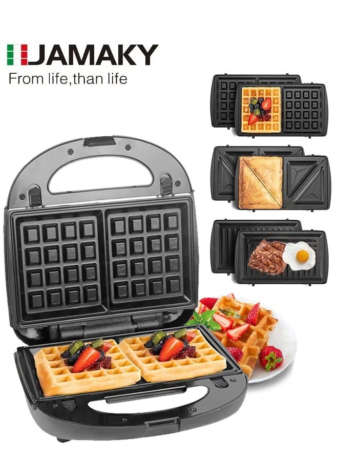 JAMAKY 3 in 1 Electric Waffle Maker,Sandwich Maker and Panini Press Grill with Removable Non-Stick Plates,Portable Cool Touch Handle, Indicator Lights & Easy to Clean, 1500W JMK2011 - Image 1