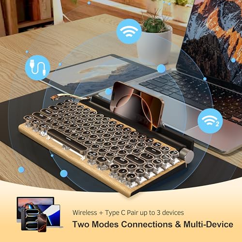 Taiahiro لوحة مفاتيح ميكانيكية للألعاب بتصميم قديم، لاسلكية، بلوتوث 5.0، لوحة مفاتيح مكتبية عتيقة 83 مفتاح، مفاتيح زرقاء، كاب كاب دائري، إضاءة خلفية LED، متوافقة مع الكمبيوتر/اللابتوب/اللوحة/الهاتف، خشب - Image 4