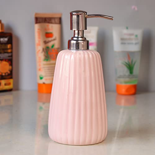 Kaolinite Ceramic Bathroom Accessories Set for Utility and Bathroom Decor | Liquid Soap Dispenser, soap Tray, Toothbrush Holder Musk Melon Pink Pink - Image 2