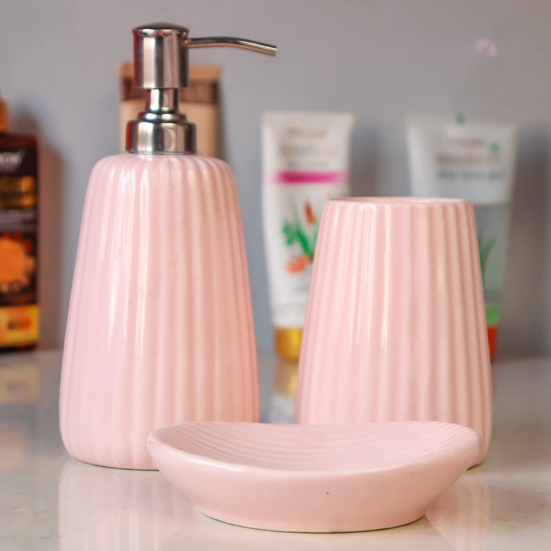 Kaolinite Ceramic Bathroom Accessories Set for Utility and Bathroom Decor | Liquid Soap Dispenser, soap Tray, Toothbrush Holder Musk Melon Pink Pink - Image 5