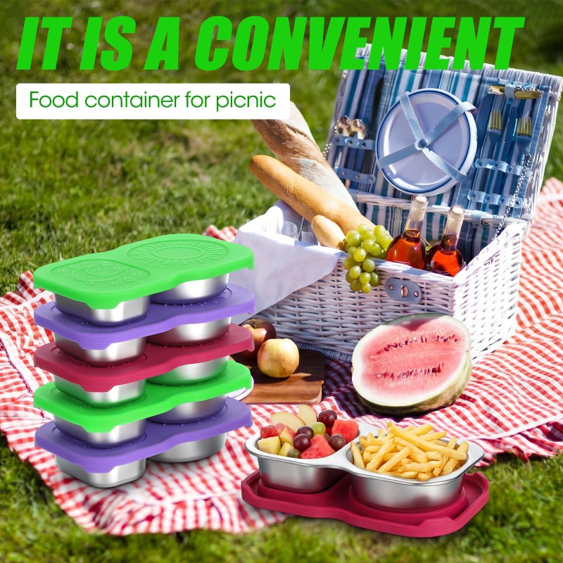 Ferrochef 6 Pack Stainless Steel Snack Containers with Lid 5 oz 2 Compartment Condiment Container Reusable Snack Lunch Box Accessories Salad Dressing Containers Outdoor Camping(Stylish Color) - Image 5