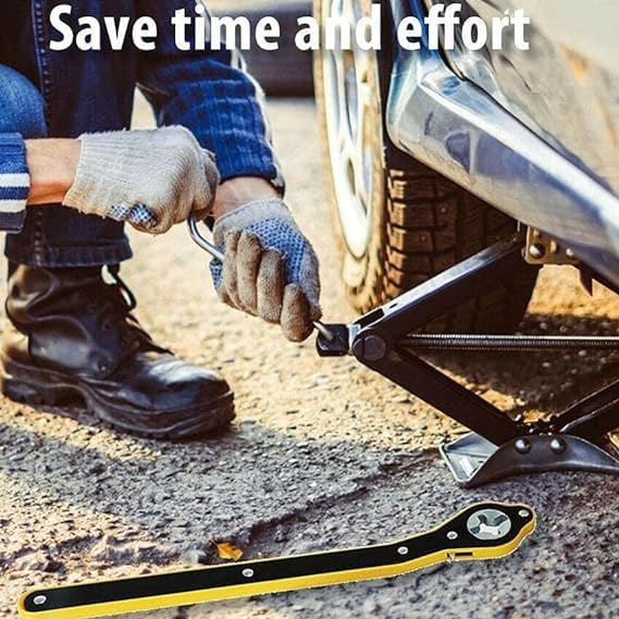 XBEY Auto Labor-Saving Jack Ratchet Wrench with Long Handle, Lug Wrenchs for Tire Jack, Scissor Ratchet, Positive and Reversal Knob Design (Yellow Wrench) - Image 2