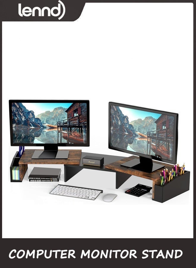 LENND Desk Organizer and Accessories,Simple Houseware Desk Dual Monitor Stand Riser with Drawer, Laptop Stand,Office Desk Accessories for Office Supplies,Rustic Brown, Drawers not included - Image 1