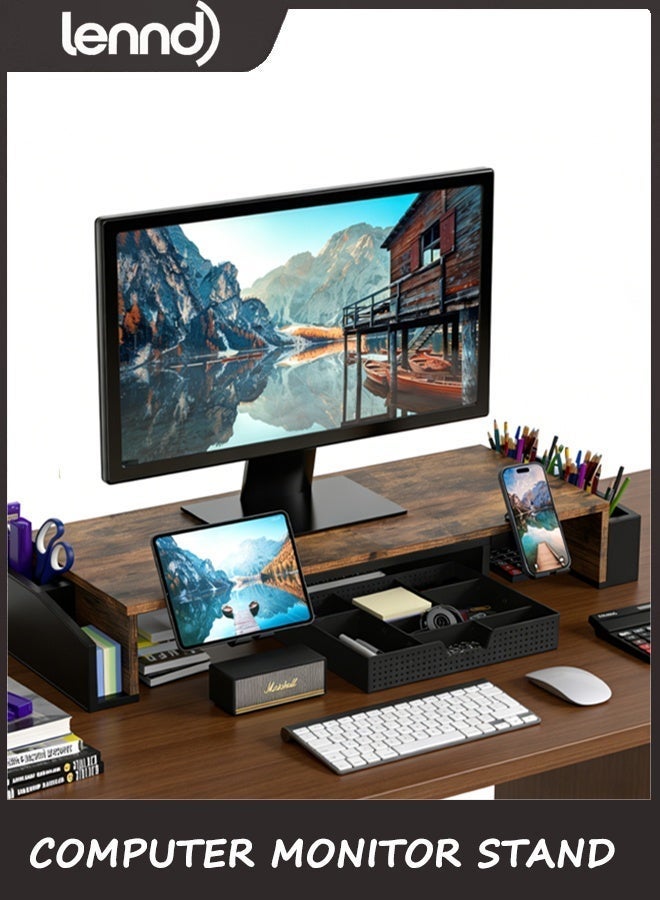 LENND Desk Organizer and Accessories,Simple Houseware Desk Dual Monitor Stand Riser with Drawer, Laptop Stand,Office Desk Accessories for Office Supplies,Rustic Brown, Drawers not included - Image 3