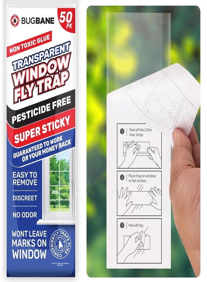 BugBane Window Fly Traps 100 Pack, Fruit Fly Traps for Indoors, Fly Paper Sticky Strips, Fly Trap for Indoors Bug Catcher Clear Trap for Home - Image 1