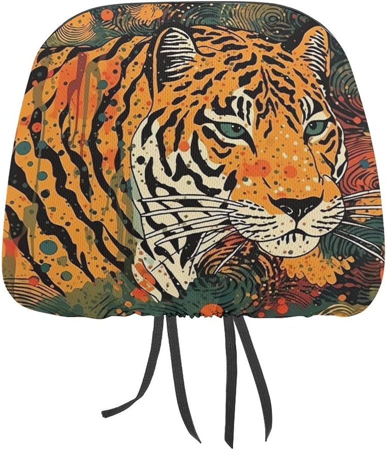 Tiger Botanical Print Car Headrest Cover 1 PCS Universal Soft Elastic Protector - Image 1