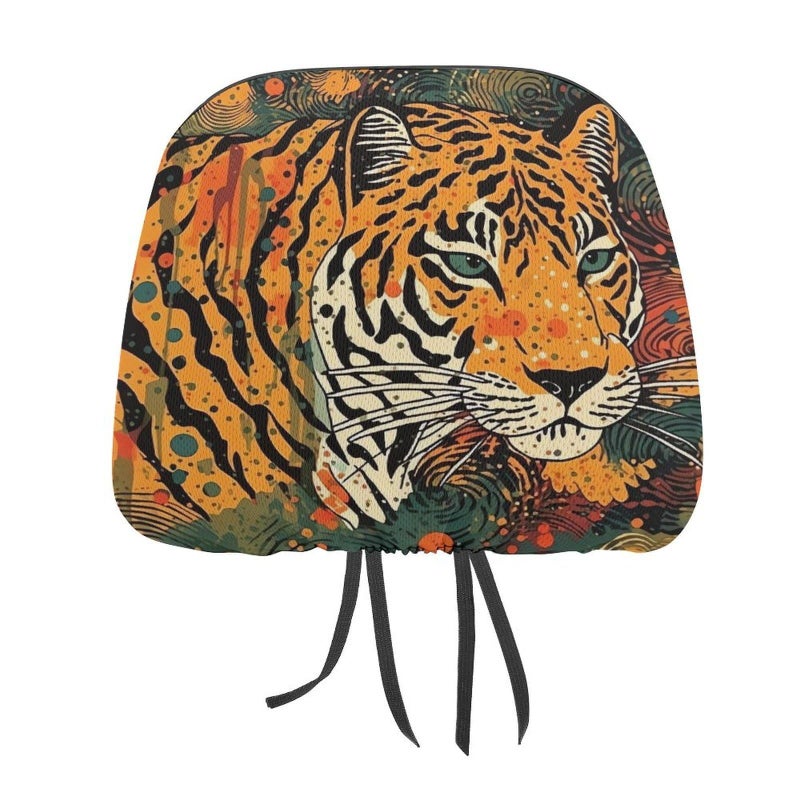 Tiger Botanical Print Car Headrest Cover 1 PCS Universal Soft Elastic Protector - Image 2