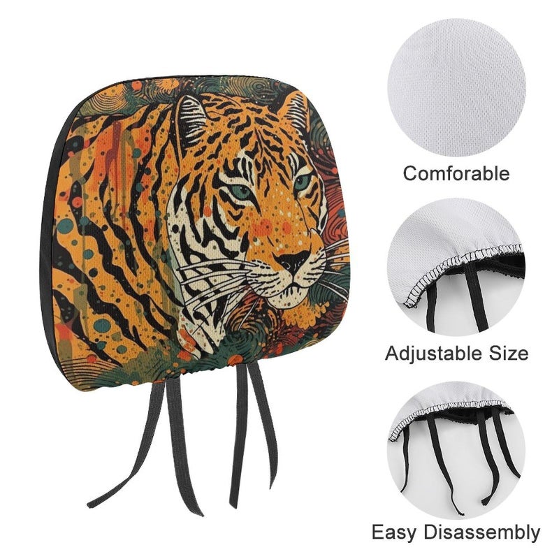 Tiger Botanical Print Car Headrest Cover 1 PCS Universal Soft Elastic Protector - Image 4