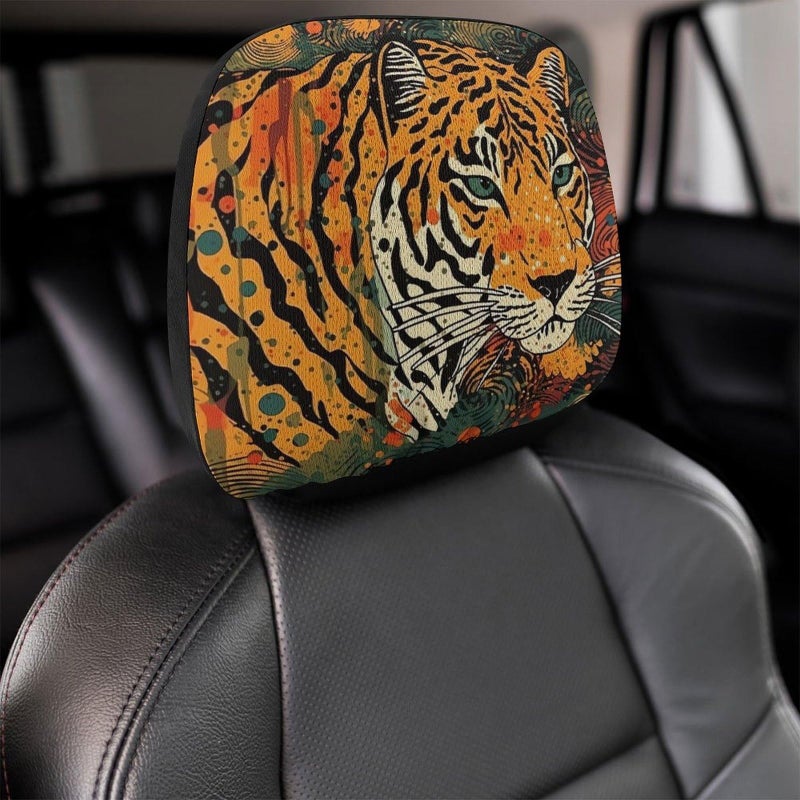 Tiger Botanical Print Car Headrest Cover 1 PCS Universal Soft Elastic Protector - Image 5