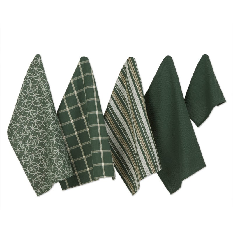 DII Assorted Woven Kitchen Set  Dishtowel  18x28  Dishcloth  13x13  Dark Green  5 Piece - Image 1