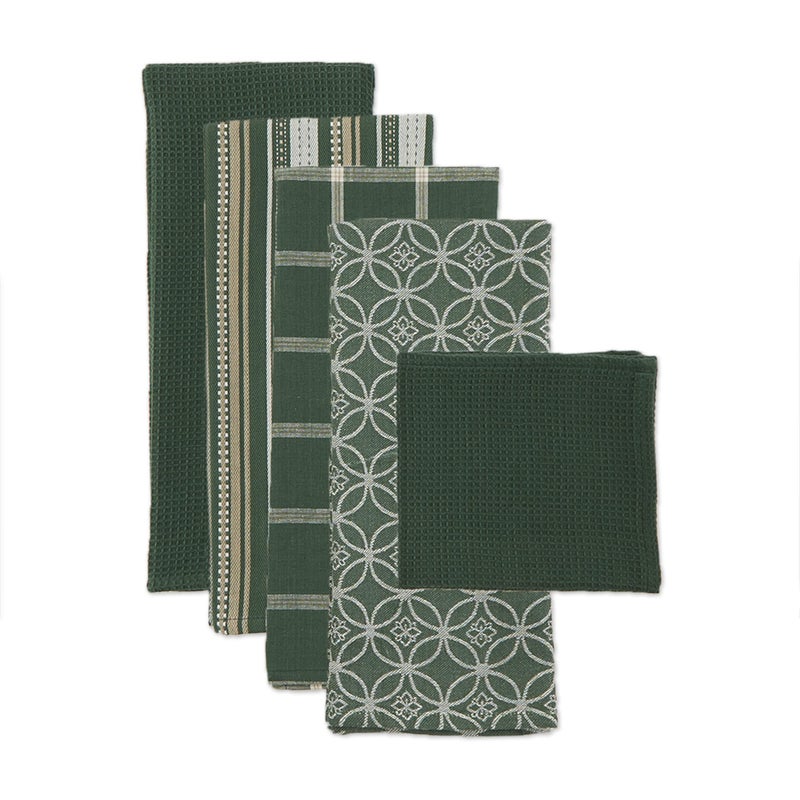 DII Assorted Woven Kitchen Set  Dishtowel  18x28  Dishcloth  13x13  Dark Green  5 Piece - Image 2