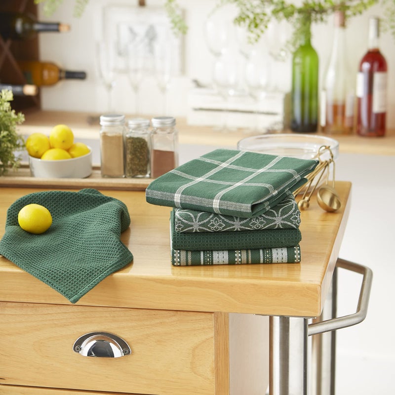 DII Assorted Woven Kitchen Set  Dishtowel  18x28  Dishcloth  13x13  Dark Green  5 Piece - Image 4