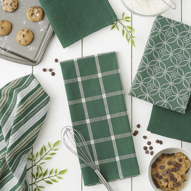 DII Assorted Woven Kitchen Set  Dishtowel  18x28  Dishcloth  13x13  Dark Green  5 Piece - Image 3