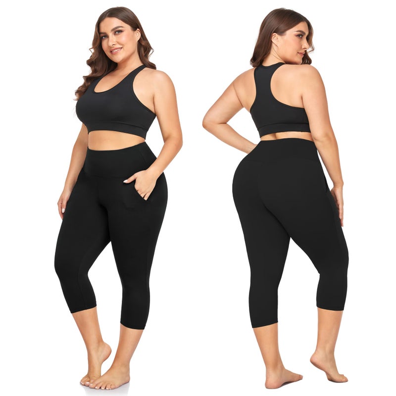 FULLSOFT 3 Pack Plus Size Capri Leggings with Pockets for Women -High Waist Stretchy 1X-4X Workout Yoga Pants(3XL,HQMLFH) - Image 2