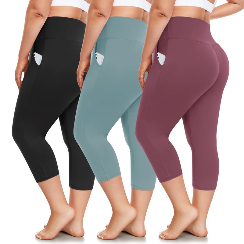 FULLSOFT 3 Pack Plus Size Capri Leggings with Pockets for Women -High Waist Stretchy 1X-4X Workout Yoga Pants(3XL,HQMLFH) - Image 1