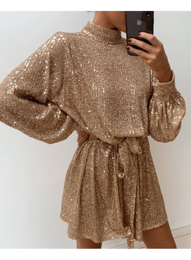 Gold Evening Dress Slimming Lace-up Waist Long-sleeved Sequin Backless Dress