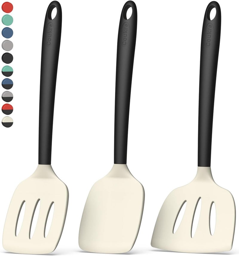 Coukre 3 Pack Silicone Spatula Set, High Heat Resistant, BPA-Free, Fish Spatula, Solid & Slotted Turner for Non-Stick Pans, Flipping Eggs, Pancakes, Fish, Burgers (3, BeigeBlack) - Image 1