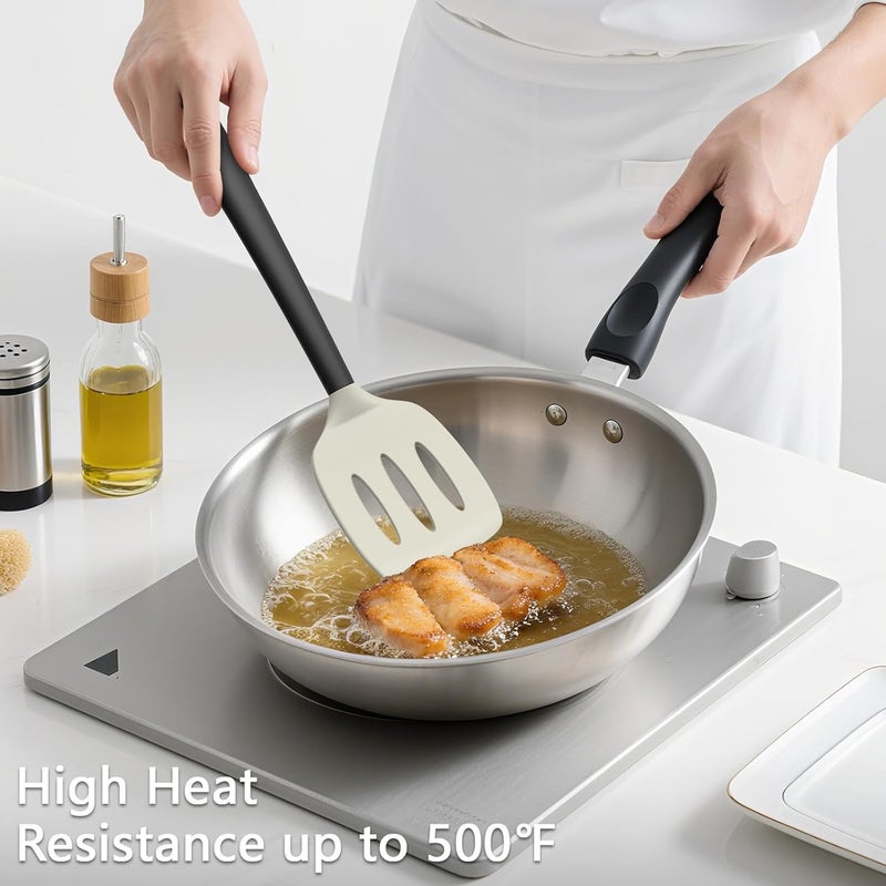 Coukre 3 Pack Silicone Spatula Set, High Heat Resistant, BPA-Free, Fish Spatula, Solid & Slotted Turner for Non-Stick Pans, Flipping Eggs, Pancakes, Fish, Burgers (3, BeigeBlack) - Image 4