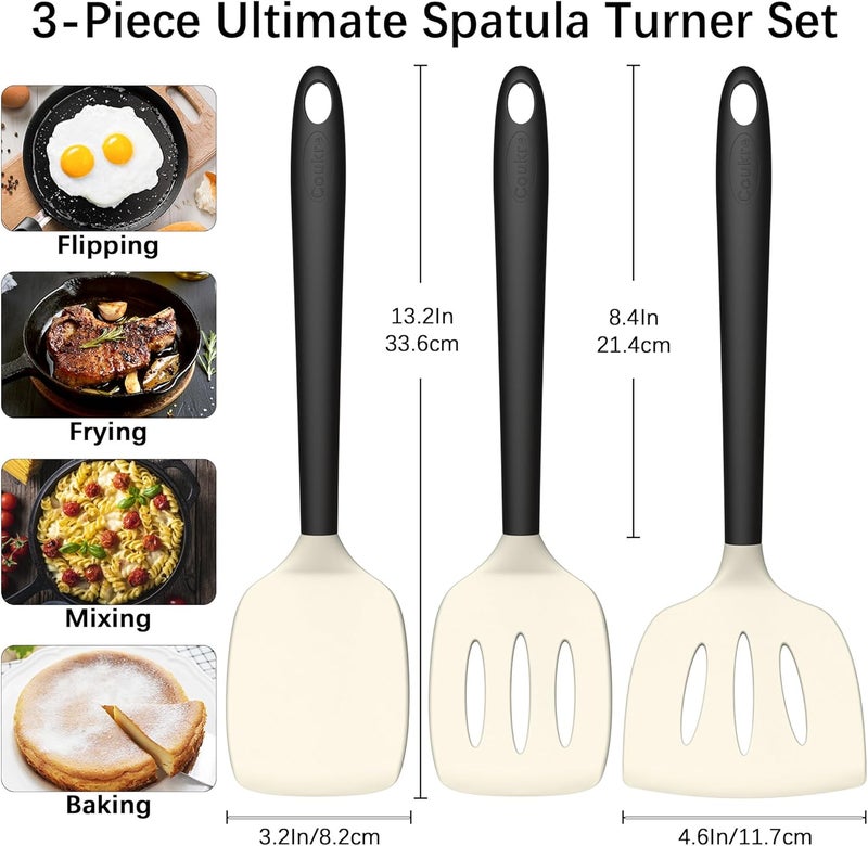 Coukre 3 Pack Silicone Spatula Set, High Heat Resistant, BPA-Free, Fish Spatula, Solid & Slotted Turner for Non-Stick Pans, Flipping Eggs, Pancakes, Fish, Burgers (3, BeigeBlack) - Image 2