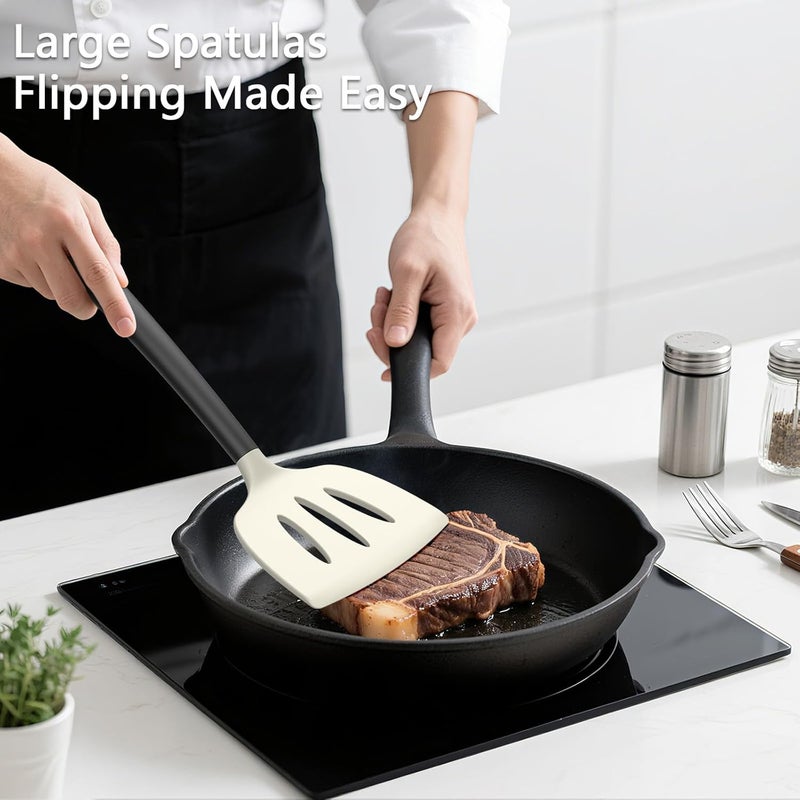 Coukre 3 Pack Silicone Spatula Set, High Heat Resistant, BPA-Free, Fish Spatula, Solid & Slotted Turner for Non-Stick Pans, Flipping Eggs, Pancakes, Fish, Burgers (3, BeigeBlack) - Image 3
