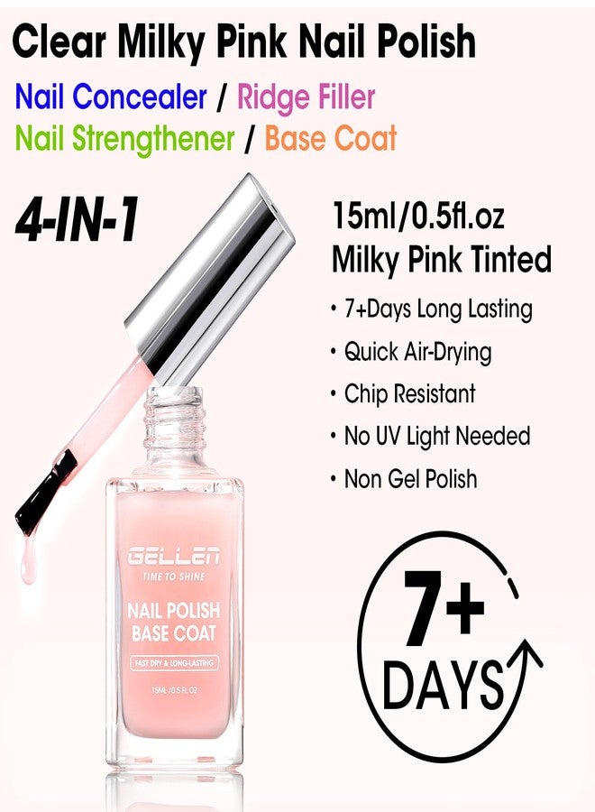 GELLEN 4‑in‑1 Clear Nail Polish Base Coat Sheer Tinted Milky Pink, Ridge Filler, Nail Strengthener & Concealer, Calcium Formula Strengthens Nails, Enhances Natural Look, No HEMA, Anti-yellowing - Image 2