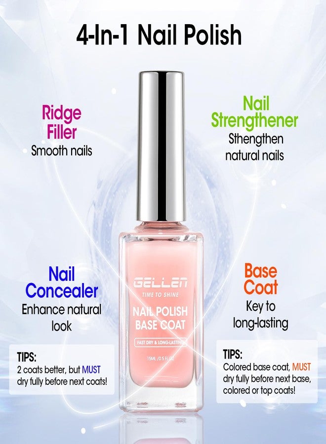 GELLEN 4‑in‑1 Clear Nail Polish Base Coat Sheer Tinted Milky Pink, Ridge Filler, Nail Strengthener & Concealer, Calcium Formula Strengthens Nails, Enhances Natural Look, No HEMA, Anti-yellowing - Image 3