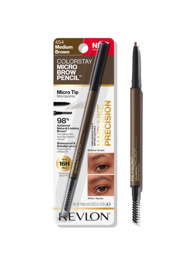 ريفلون Revlon ColorStay Micro Eyebrow Pencil with Built In Spoolie Brush, Infused with Argan and Marula Oil, Waterproof, Smudgeproof, 454 Medium Brown, 0.003 oz Medium Brown - Image 1