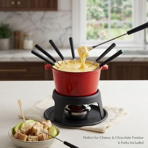Artestia Cast Iron Cheese Fondue Pot for Chocolate Fondue Pot Swiss Fondue Set for Camping Outdoor with 6 Fondues Forks, 11-Piece Cheese Fondue Sets Serve 6 Persons (Red) - Image 2