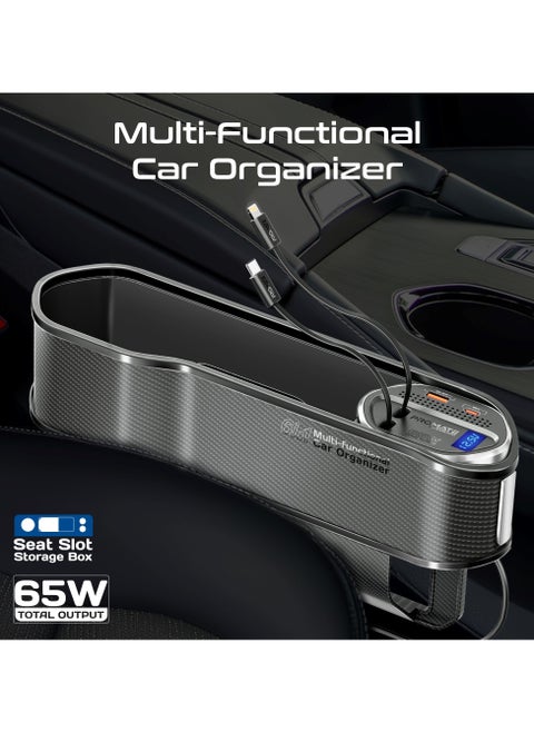 Promate 6 in 1 Multi-Functional Car Organizer, 65W Charging Station With 20W Lightning Retractable Cable, 30W USB-C Retractable Cable, USB-C / A Ports, LED Voltage Display