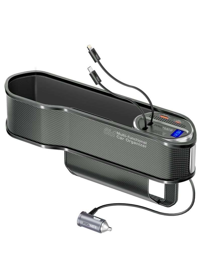 PROMATE Promate 6 in 1 Multi-Functional Car Organizer, 65W Charging Station With 20W Lightning Retractable Cable, 30W USB-C Retractable Cable, USB-C / A Ports, LED Voltage Display  - Image 2