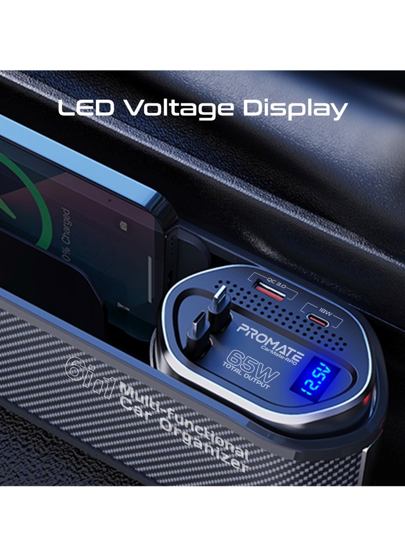 PROMATE - Promate 6 in 1 Multi-Functional Car Organizer, 65W Charging Station With 20W Lightning Retractable Cable, 30W USB-C Retractable Cable, USB-C / A Ports, LED Voltage Display - Image 1