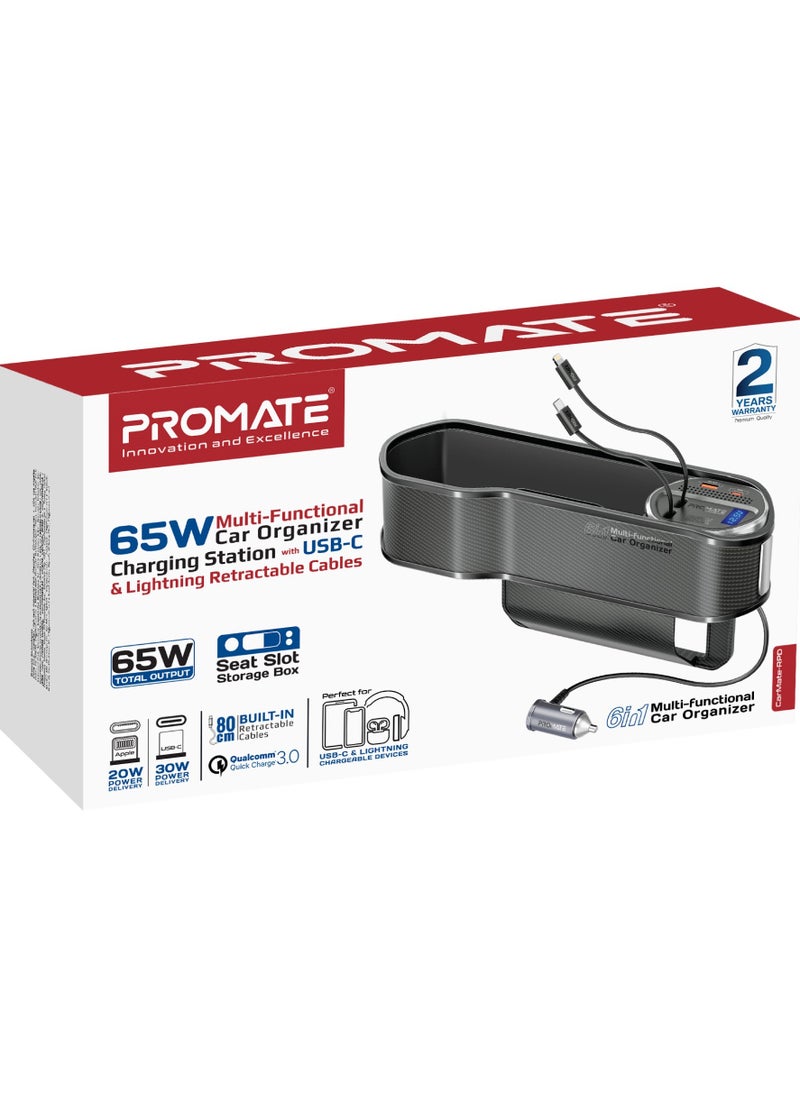 PROMATE - Promate 6 in 1 Multi-Functional Car Organizer, 65W Charging Station With 20W Lightning Retractable Cable, 30W USB-C Retractable Cable, USB-C / A Ports, LED Voltage Display - Image 1