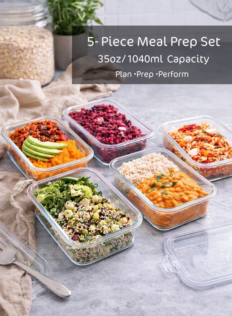 Toshionics ماهمير | 5 عبوات، 1040 مل (35 أونصة) | حاويات تحضير الوجبات الزجاجية، حاويات تخزين الطعام الزجاجية محكمة الإغلاق مع أغطية حاويات الطعام محكمة الإغلاق حاويات تخزين المطبخ حاويات الغداء الزجاجية - Image 3