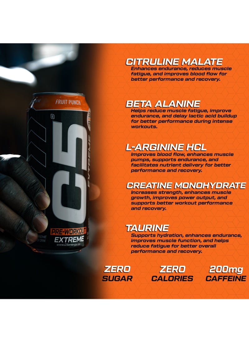 C5 C5 Energy Drink Extreme Fruit Punch -  Pre Workout , Sugar Free, Zero Calories, 200mg High Caffeine, Creatine - Beta Alanine - Citrulline Malate High-Performance Pre-Workout Booster Supplement Pack of 12  - Image 5
