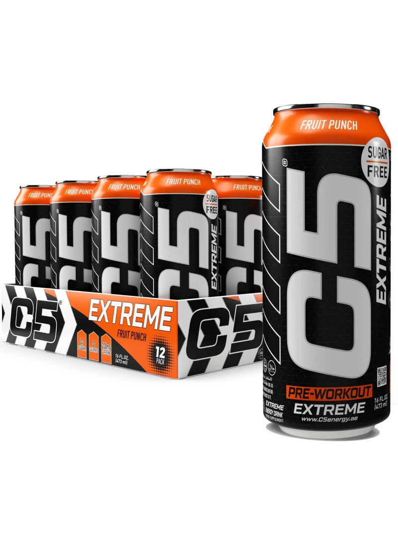 C5 C5 Energy Drink Extreme Fruit Punch -  Pre Workout , Sugar Free, Zero Calories, 200mg High Caffeine, Creatine - Beta Alanine - Citrulline Malate High-Performance Pre-Workout Booster Supplement Pack of 12  - Image 1