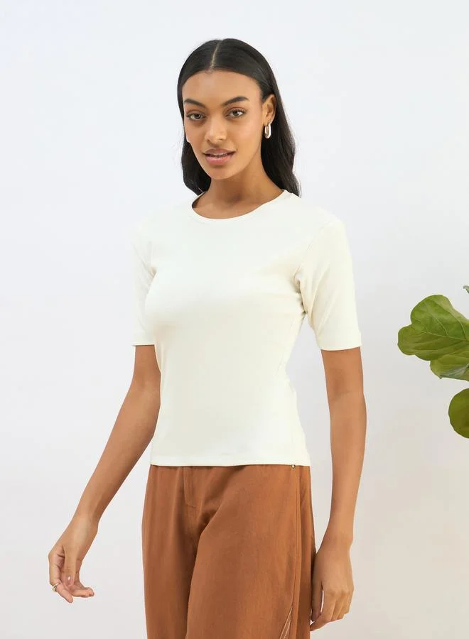 SASSAFRAS White Ribbed Short Sleeves Top