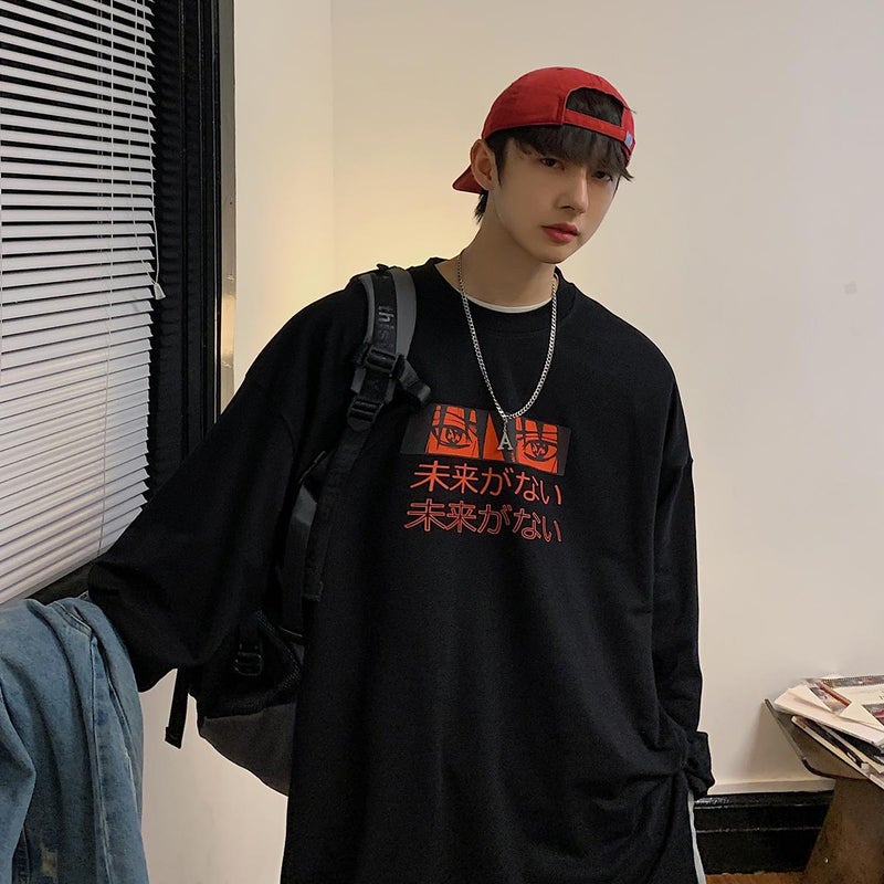 2023 Autumn New Cartoon Printed Men's Side Slit Loose Long Sleeve T-shirt T702 - Image 3