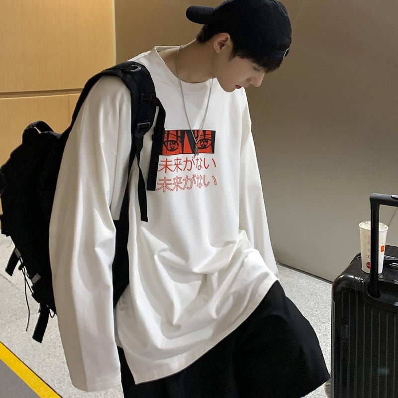 2023 Autumn New Cartoon Printed Men's Side Slit Loose Long Sleeve T-shirt T702 - Image 2