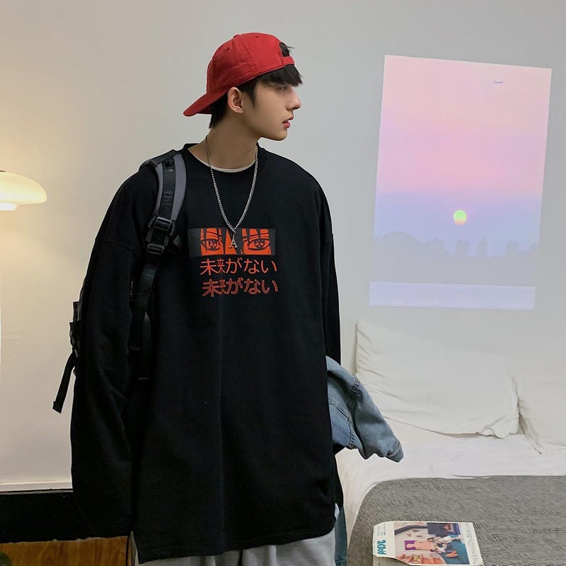 2023 Autumn New Cartoon Printed Men's Side Slit Loose Long Sleeve T-shirt T702 - Image 5