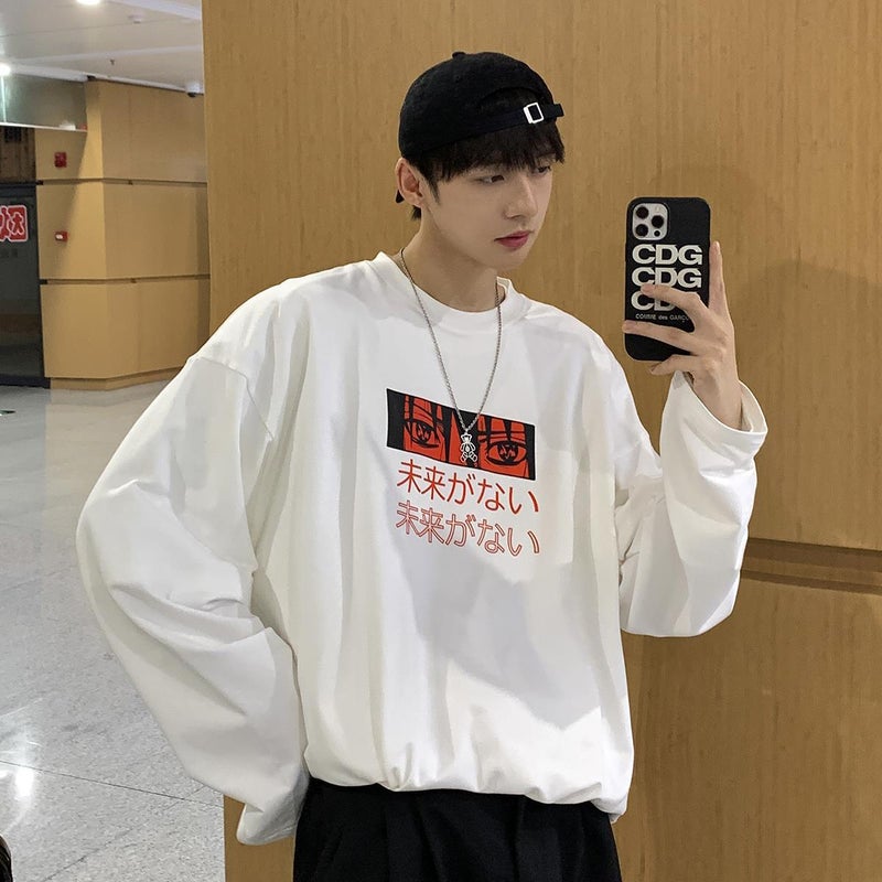 2023 Autumn New Cartoon Printed Men's Side Slit Loose Long Sleeve T-shirt T702 - Image 4