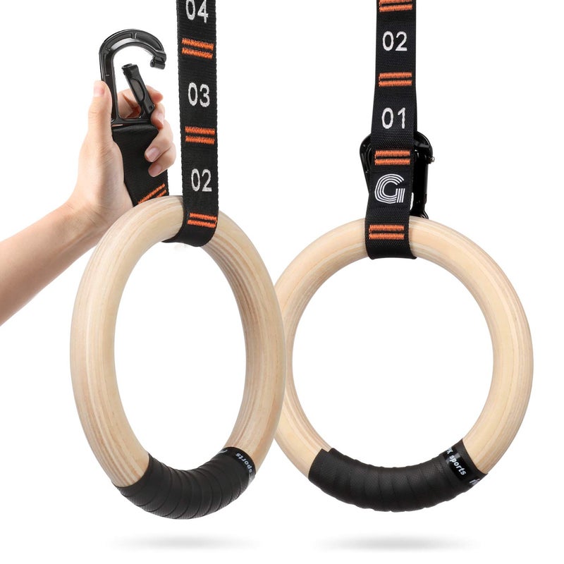 Gonex Wooden Gymnastic Rings with Adjustable Number Straps, Olympic Rings for Gym, Workout, Exercise, Outdoor Training, Quick Install Carabiner, 8.7 ft Straps Pull Up Non-Slip Rings - Image 1